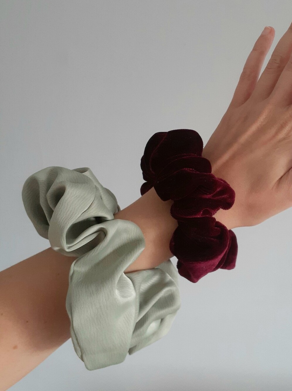 Scrunchie Pair: Velvet Burgundy and Satin Sage Green